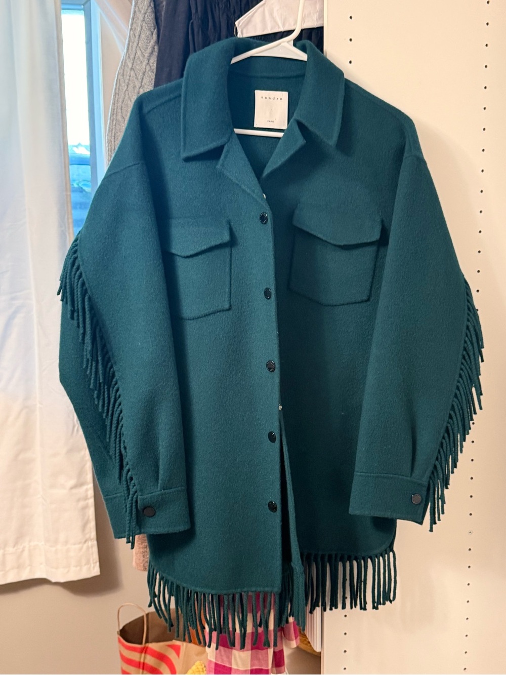 Sandro Teal Fringe Wool-Blend Jacket